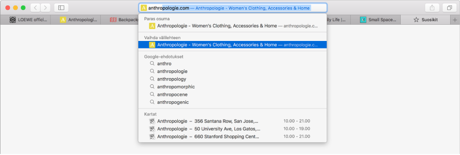 Safari-ikkuna, jonka älykkääseen hakukenttään on syötetty verkkosivuston osoitteen ensimmäinen osa. Sama verkkosivusto tulee näkyviin Vaihda välilehteen -kohdan alla olevassa hakutulosluettelossa, koska se on jo avoinna toisessa välilehdessä.