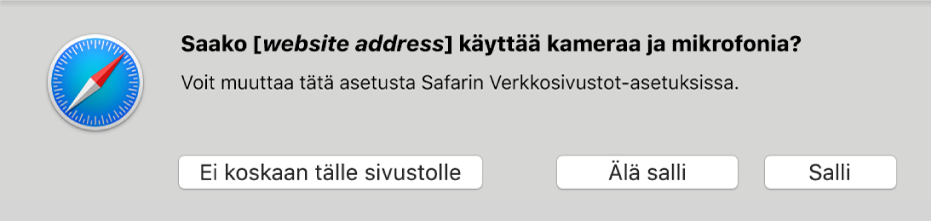 Valintaikkuna, jossa näkyy valintoja Macin kameran ja mikrofonin jakamiseen verkkosivuston kanssa.