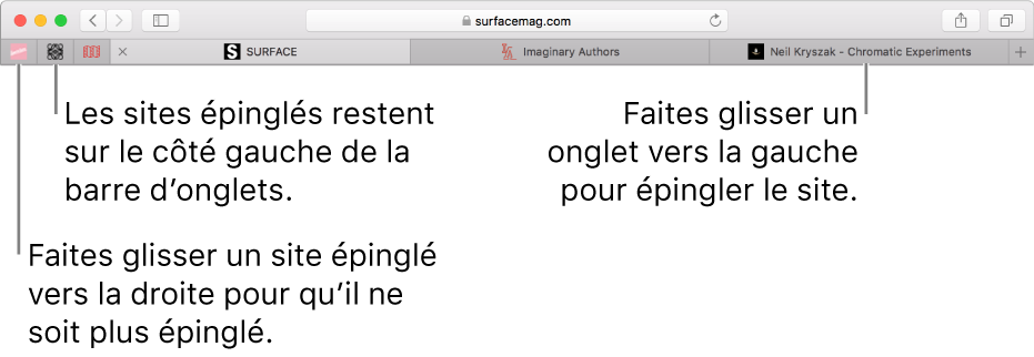 Sites épinglés dans la barre d’onglets de Safari.