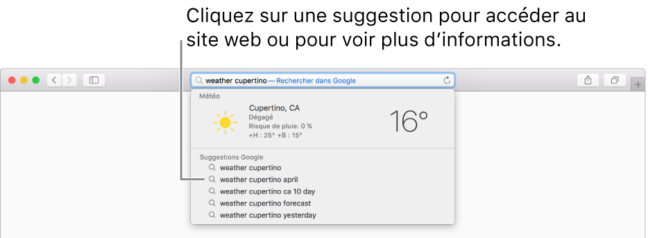 L’expression de recherche « météo à Cupertino » saisie dans le champ de recherche intelligente, accompagnée des résultats des suggestions Safari.