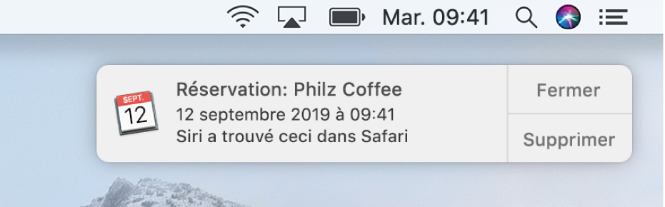 Une suggestion de Siri pour ajouter un événement de Safari à Calendrier.