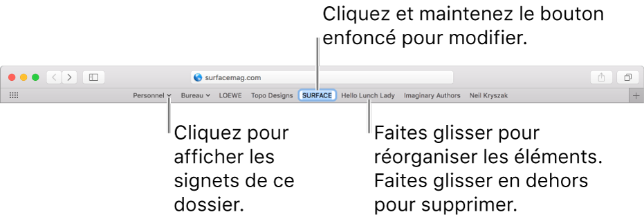 La barre des favoris avec un dossier de signets. Pour modifier un signet ou un dossier dans la barre, cliquez dessus et maintenez le bouton de la souris enfoncé. Pour réorganiser des éléments de la barre, faites-les glisser. Pour supprimer un élément, faites-le glisser en dehors de la barre.