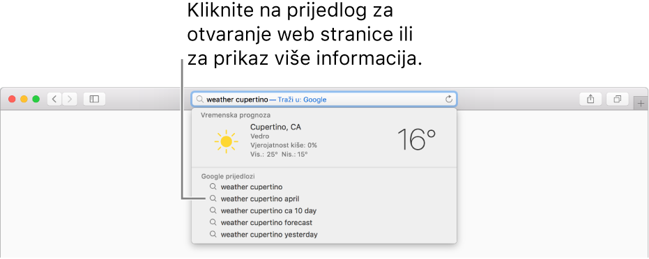 Dok upisujete pojam pretraživanja "weather cupertino" u Pametno polje za pretraživanje, Safari prijedlozi nude rezultate.
