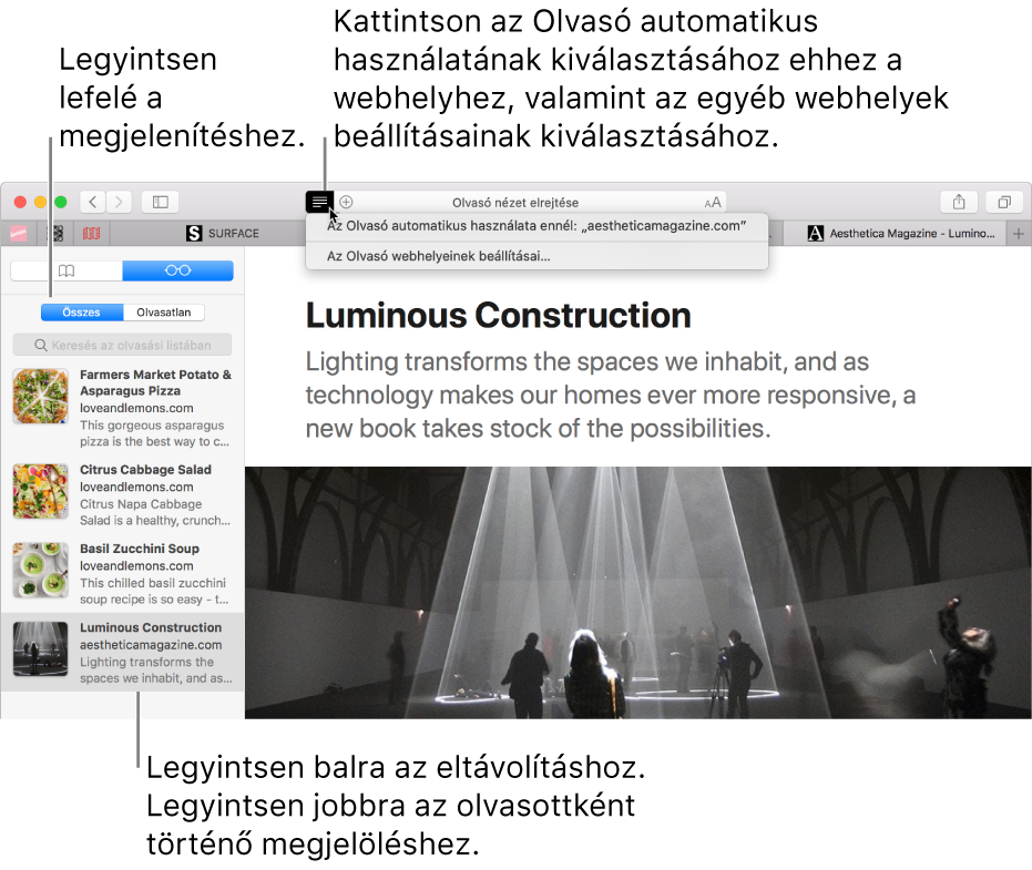 Safari-ablak a megjelenített Olvasási listával.