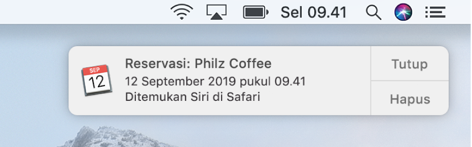 Saran Siri untuk menambahkan acara dari Safari ke Kalender.