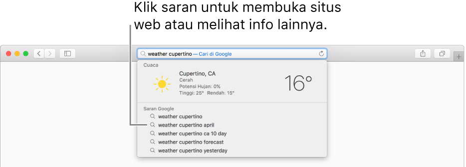 Frasa pencarian “cuaca cupertino” dimasukkan di bidang Pencarian Cerdas, dan hasil Saran Safari.