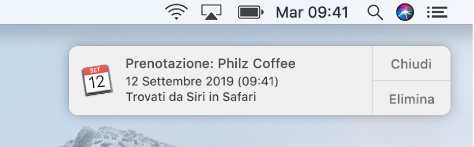 Un suggerimento di Siri per aggiungere un evento da Safari a Calendario.