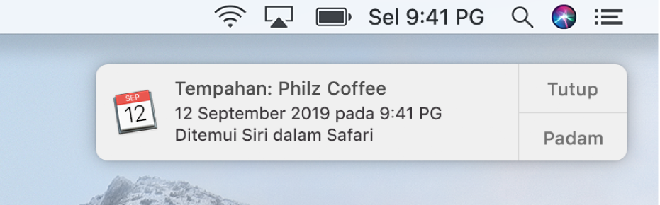 Cadangan Siri menambah peristiwa daripada Safari ke Kalendar.