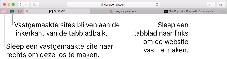 Vastgemaakte websites in de tabbladbalk van Safari.