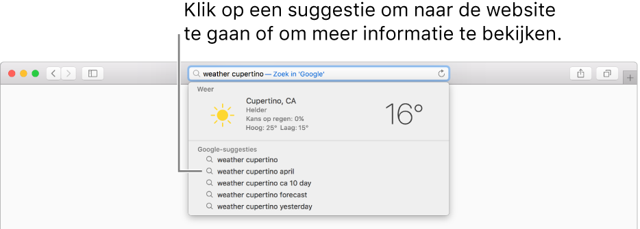 De zoekterm "weer cupertino" in het slimme zoekveld en de Safari-suggesties.