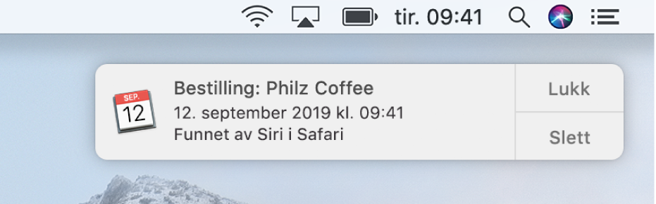 Et Siri-forslag om å legge til en hendelse fra Safari i Kalender.