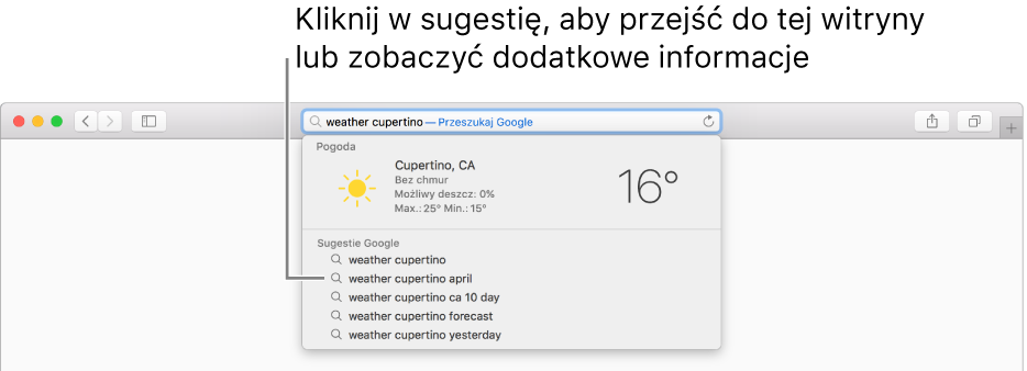 Wyszukiwana fraza „weather Cupertino” wpisana w inteligentnym polu wyszukiwania oraz sugestie Safari.