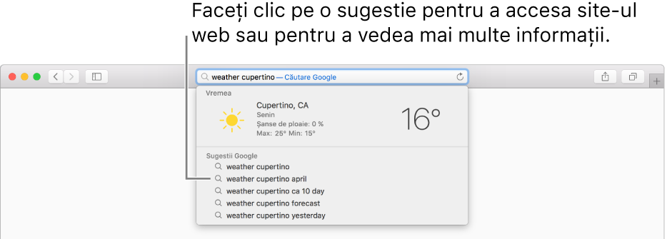 Expresia de căutare “vremea cupertino” introdusă în câmpul inteligent de căutare și rezultatele sugestiilor Safari.