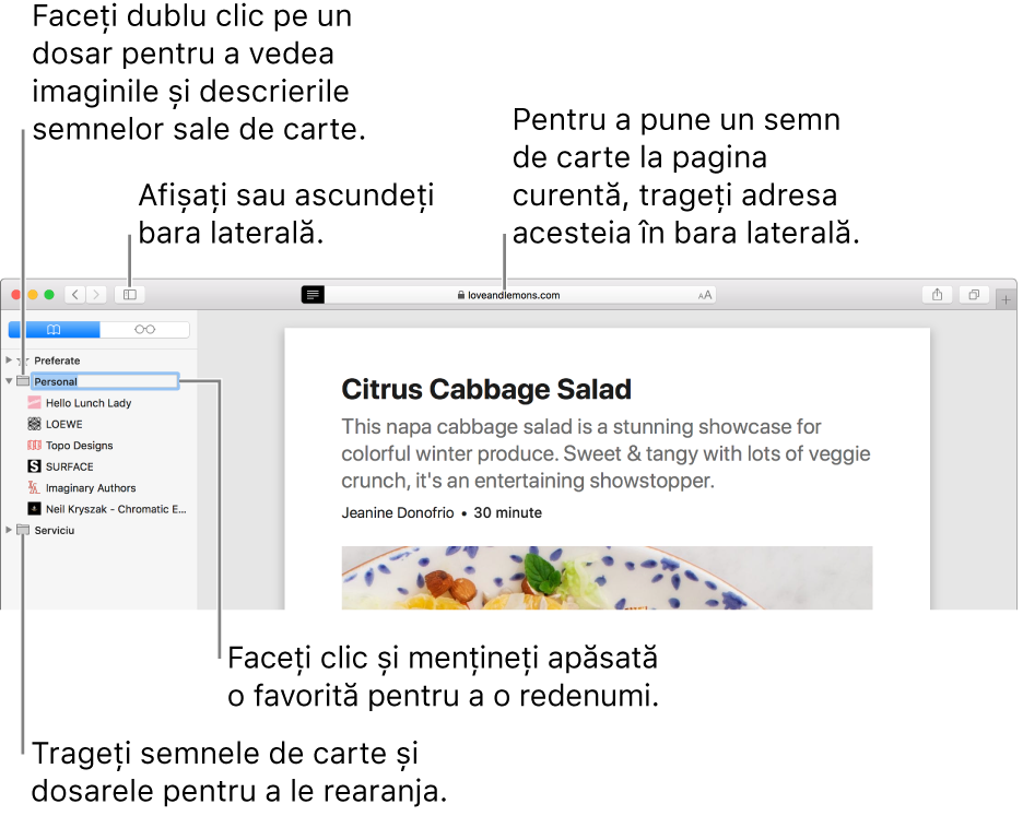 Fereastră Safari prezentând favoritele în bara laterală; o favorită este selectată pentru editare.