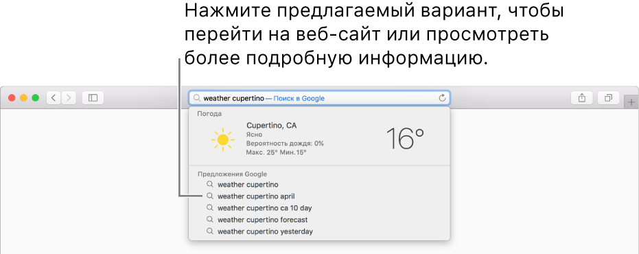 Поисковая фраза «weather cupertino», введенная в поле смарт-поиска, и предложения Safari.