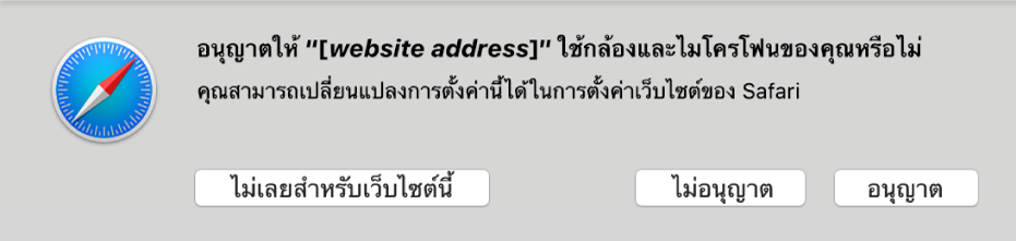 กล่องโต้ตอบที่แสดงตัวเลือกการแชร์กล้องและไมโครโฟนบน Mac ของคุณกับเว็บไซต์