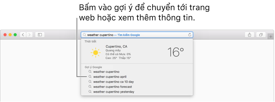Cụm từ tìm kiếm "thời tiết cupertino" được nhập vào trường Tìm kiếm thông minh và các kết quả Gợi ý Safari.