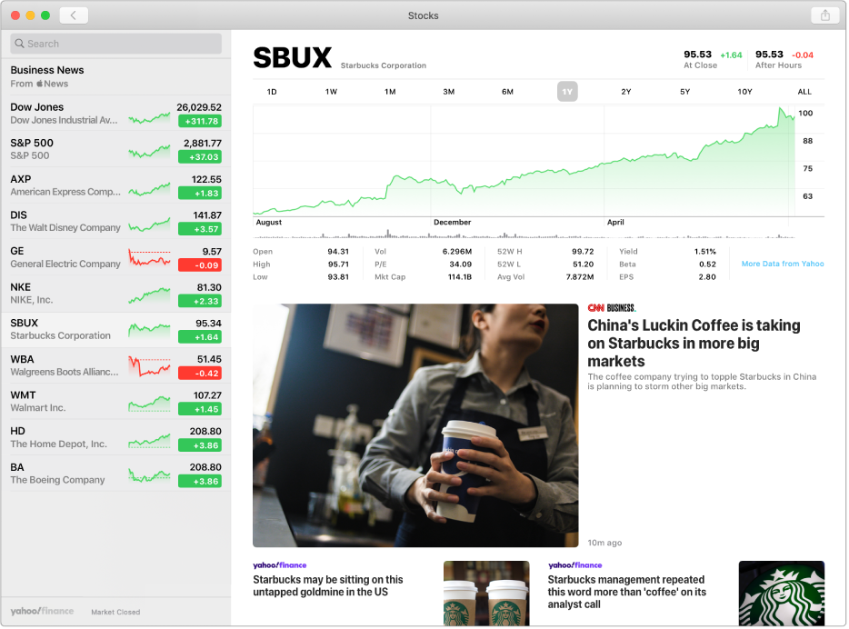 A Stocks window showing the watchlist on the left with one ticker symbol selected, and the corresponding chart and news feed in the right pane.