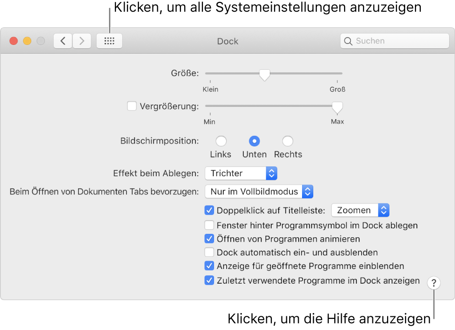 Klicke auf „Alle anzeigen“, um die Symbole für alle Bereiche in den Systemeinstellungen anzuzeigen. Klicke auf die Hilfetaste, um weitere Informationen über einen Bereich zu erhalten.