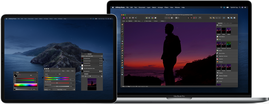Ένα MacBook Pro δίπλα σε ένα iPad Pro. Το γραφείο εργασίας του Mac στο οποίο εμφανίζεται το κύριο παράθυρο μιας εφαρμογής για επεξεργασία φωτογραφιών, και το iPad στο οποίο εμφανίζονται πρόσθετα ανοιχτά παράθυρα από την εφαρμογή για πολύπλοκες εργασίες επεξεργασίας φωτογραφιών.