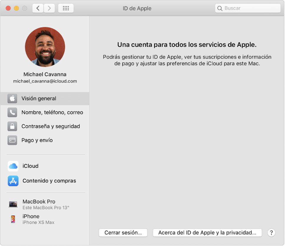 Preferencias del ID de Apple con una barra lateral que incluye distintos tipos de opciones de cuenta que puedes usar y las preferencias de “Visión general” de una cuenta existente.