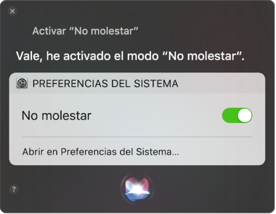 La ventana de Siri con una petición de completar la tarea, “Activa la función de no molestar.”
