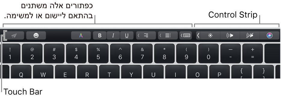 ה-Touch Bar בחלק העליון של המקלדת, מציג כפתורים שמשתנים בהתאם ליישום או למשימה משמאל, וה-Control Strip בפריסה מכווצת מימין.
