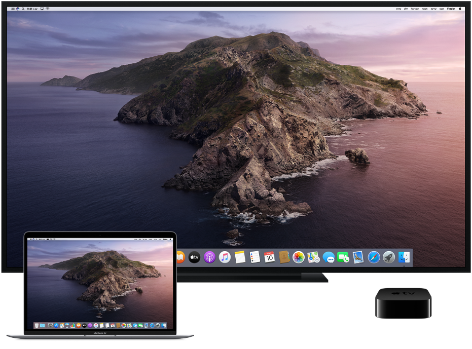 מכשירי Mac, HDTV ו-Apple TV מוגדרים עבור שיקוף AirPlay.