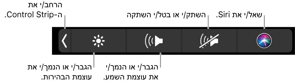 Control Strip בפריסה מכווצת כולל כפתורים – משמאל לימין – להרחבת Control Strip, הגברה או הפחתה של הבהירות ועוצמת הקול, השתקה וביטול השתקה והצגת בקשות ל-Siri.