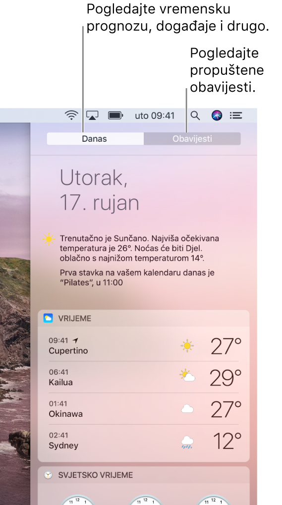 Značajka Prikaz današnjeg dana s prikazom vremenskih prilika na tri lokacije. Kliknite karticu Obavijesti za prikaz propuštenih obavijesti.