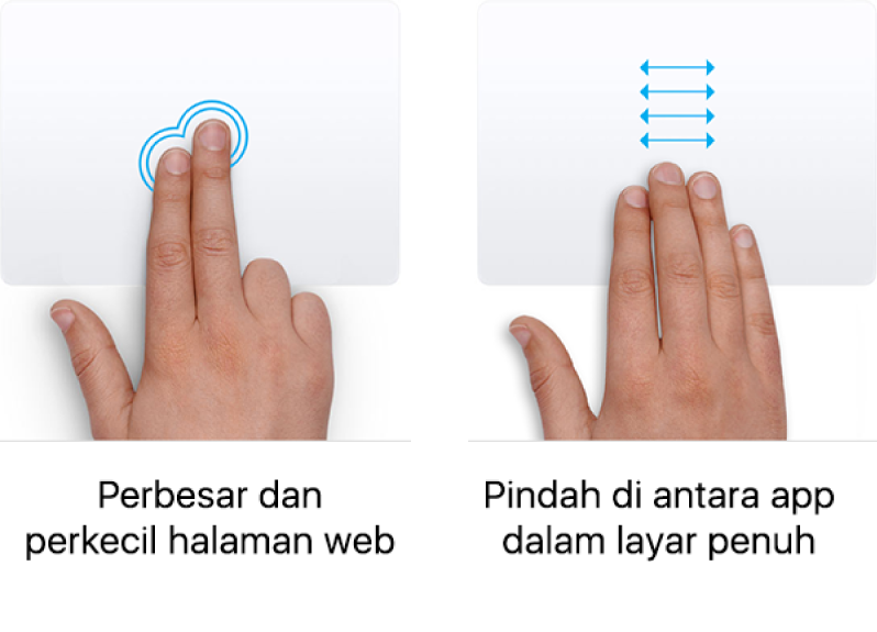 Contoh gerakan trackpad untuk memperbesar dan memperkecil halaman web dan berpindah di antara app dalam layar penuh.