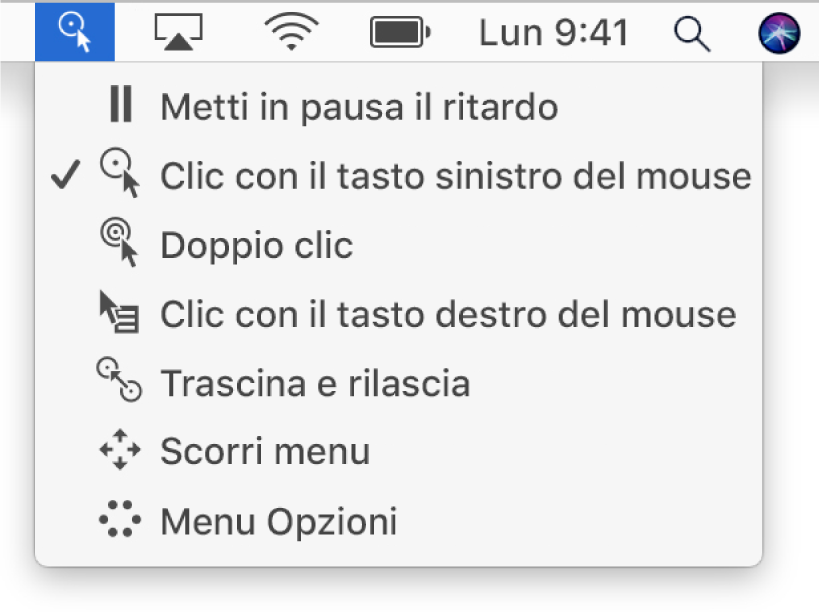 Il menu di stato del ritardo, i cui elementi sono, dall'alto verso il basso: “Metti in pausa il ritardo”, “Clic con il tasto sinistro del mouse”, “Doppio clic”, “Clic con il tasto destro del mouse”, “Trascina e rilascia”, “Scorri menu” e “Menu Opzioni”.