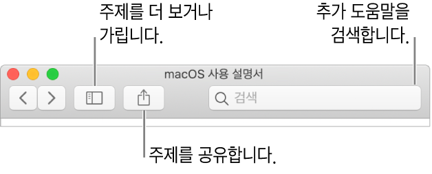 클릭하여 목차를 가리거나 볼 수 있는 도구 막대의 버튼, 주제를 공유할 수 있는 버튼 및 주제를 검색할 수 있는 검색 필드를 표시하는 도움말 윈도우.
