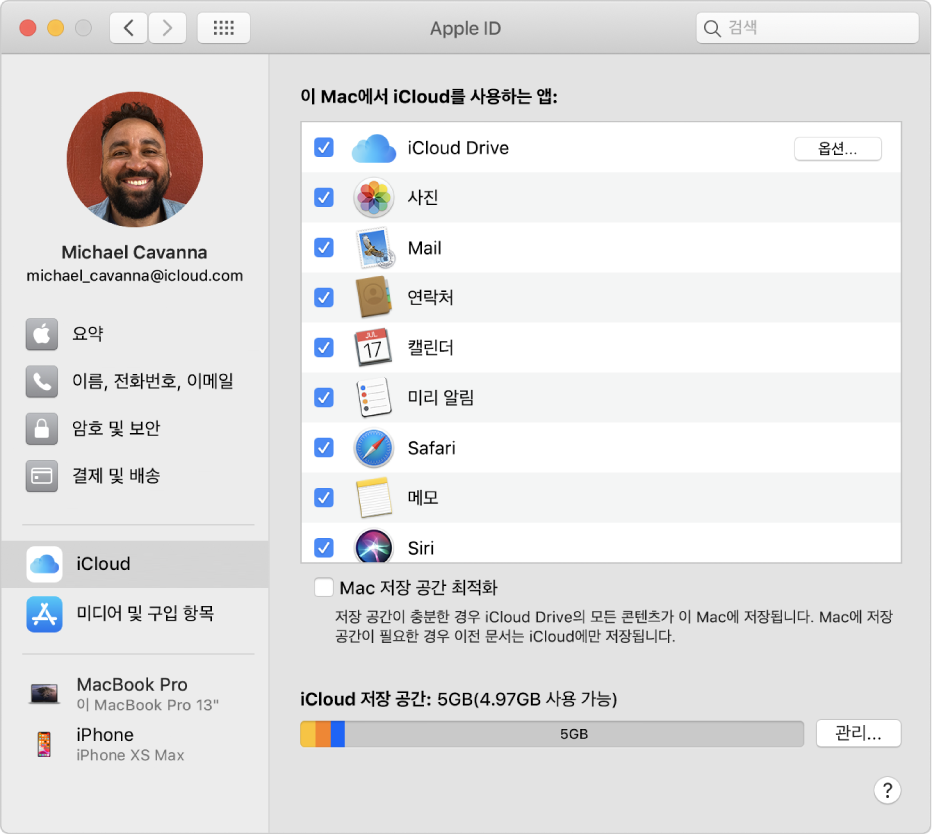 사용할 수 있는 다양한 유형의 계정 옵션이 있는 사이드바 및 기존 계정의 iCloud 환경설정을 표시하는 Apple ID 환경설정.