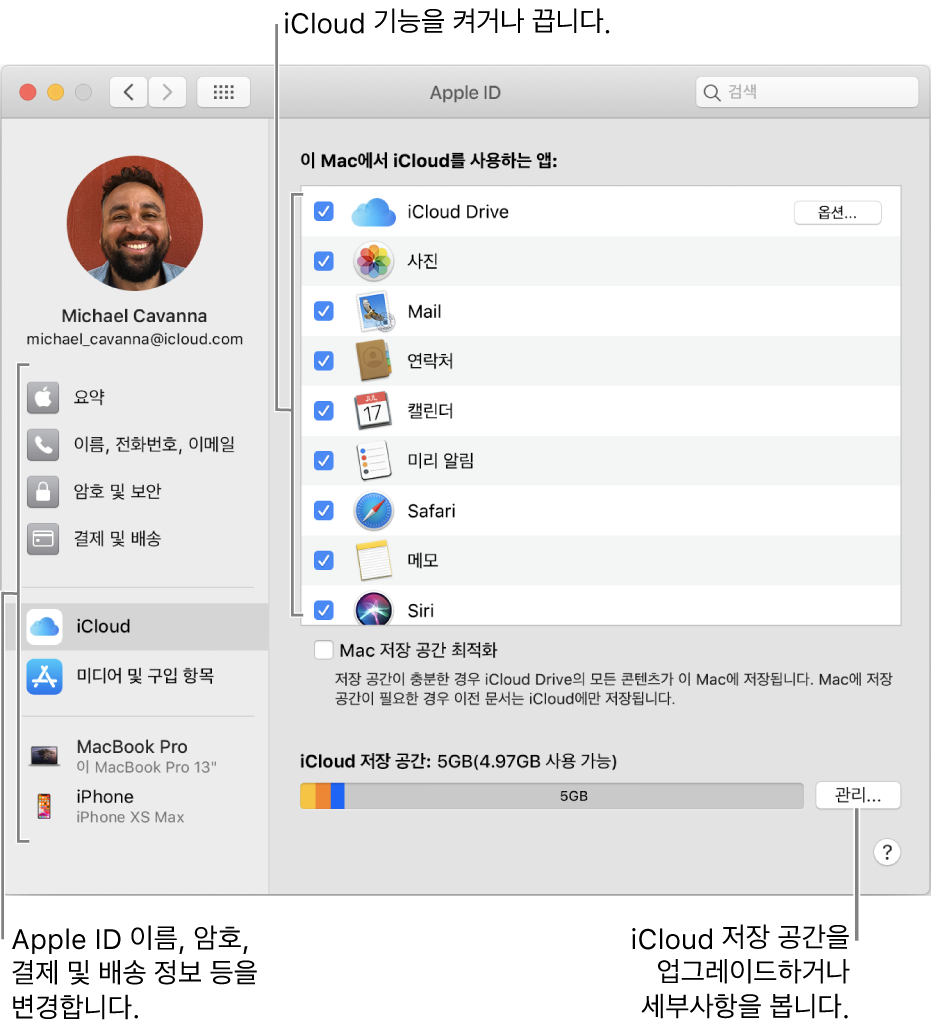 모든 기능이 선택되어 있는 iCloud 환경설정.