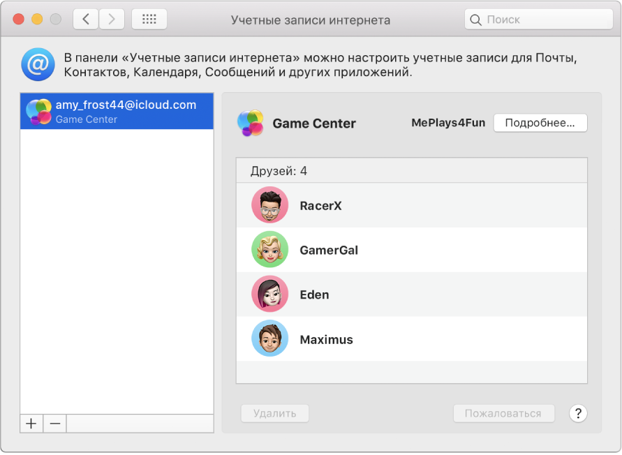 Учетная запись Game Center в «Учетных записях Интернета».