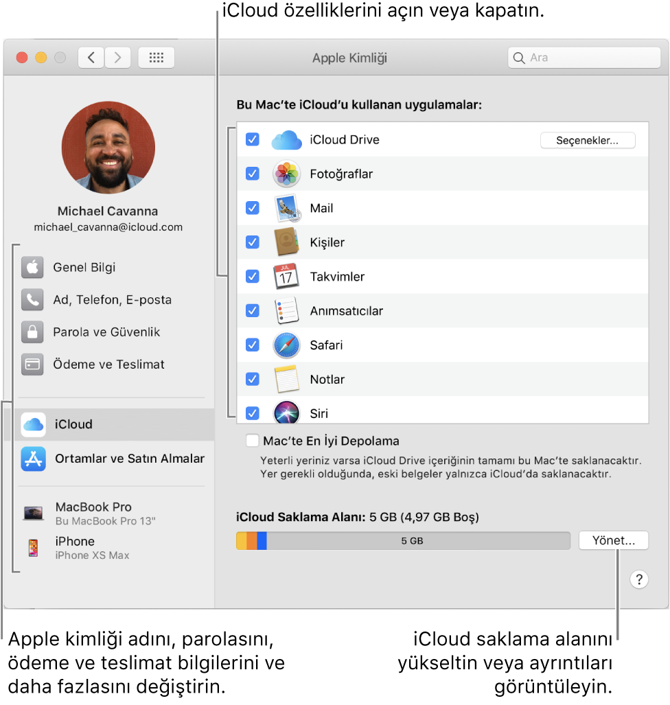 Tüm özelliklerin seçildiği iCloud tercihleri.