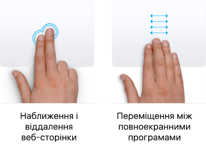 Приклади жестів трекпеда для збільшення та зменшення розміру веб-сторінки та переміщення між програмами, відкритими в повноекранному режимі.