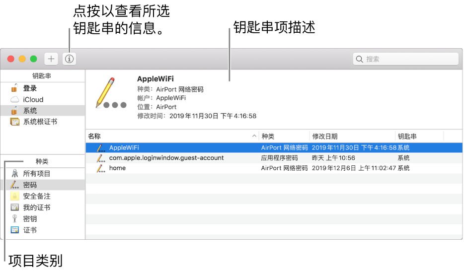 “钥匙串访问”窗口的主要区域:种类列表、钥匙串项列表和钥匙串项描述。