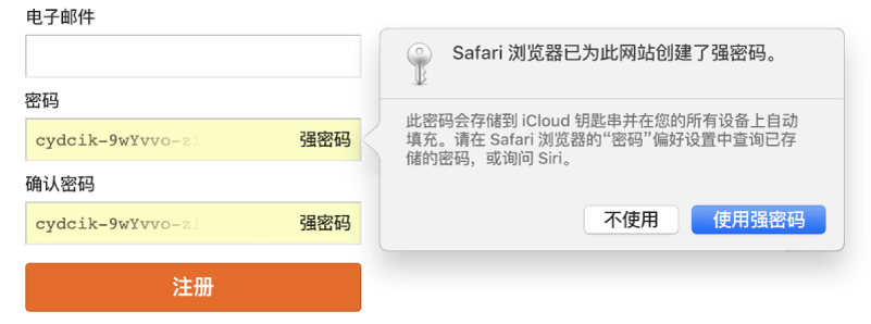 对话框显示 Safari 浏览器为网站创建了强密码,该密码将被存储在用户的 iCloud 钥匙串中并可在用户的设备上自动填充。