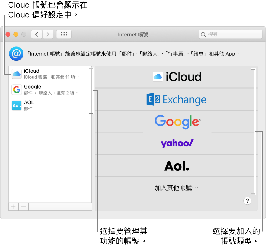 「Internet 帳號」偏好設定,其右側列出帳號,而左側則列出可使用的帳號類型。