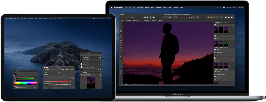 MacBook Pro 放在 iPad Pro 旁邊。Mac 桌面顯示一個用於編輯照片的 App 主視窗,而旁邊的 iPad 顯示該 App 其他打開的視窗,包含複雜的照片編輯任務。