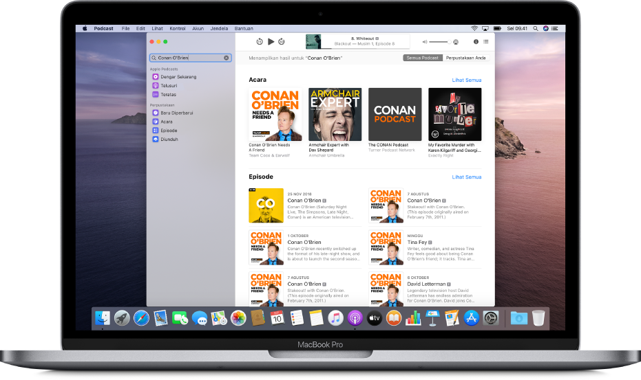 Jendela Apple Podcasts menampilkan string pencarian dan hasilnya.