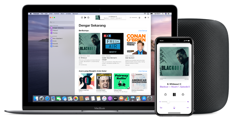 Jendela Apple Podcasts menampilkan layar Dengar Sekarang di Mac dan iPhone, dengan HomePod di latar belakang.