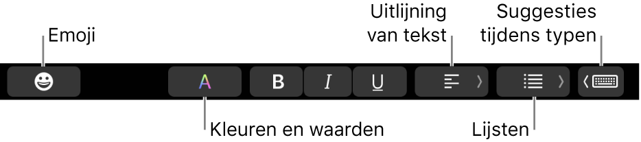 De Touch Bar met (van links naar rechts) knoppen van de app Mail: emoji, kleuren, vet, cursief, onderstrepen, uitlijning, lijsten en suggesties tijdens typen.