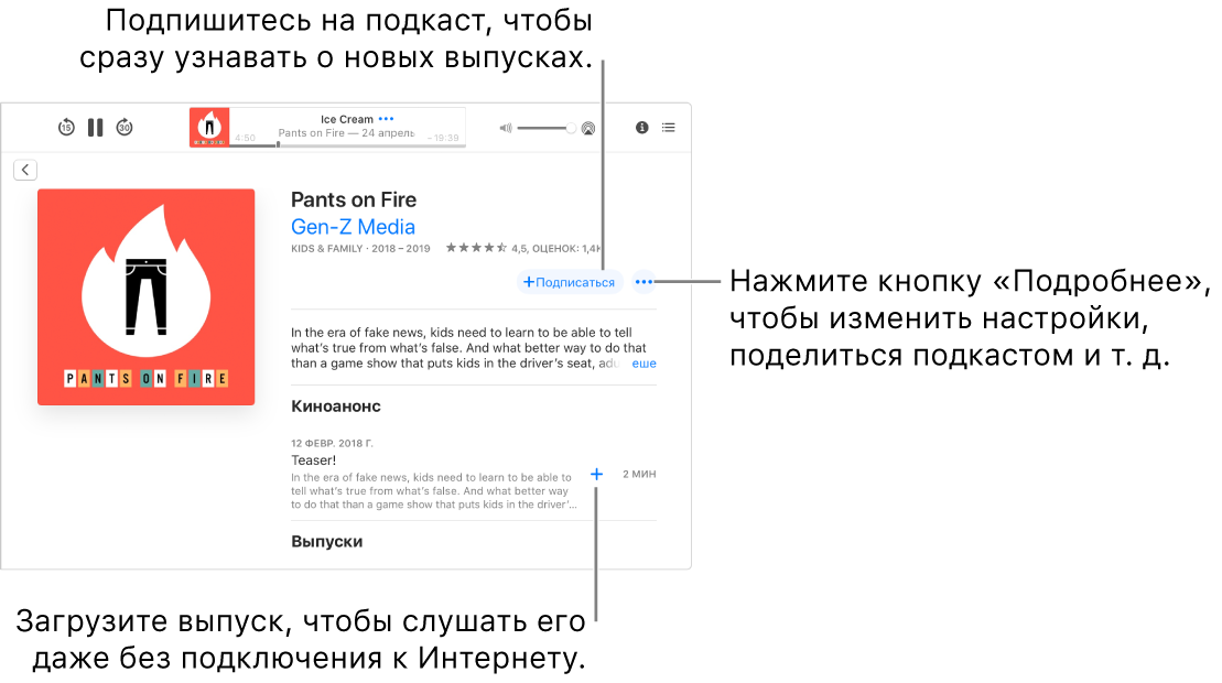 Экран сведений о подкасте. Нажмите «Подписаться», чтобы получать новые выпуски по мере поступления. Кнопка «Еще» позволяет изменить настройки, поделиться подкастом и выполнить другие действия. Загрузите выпуск, если хотите послушать его, когда будете офлайн.