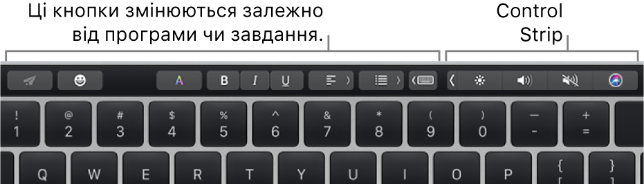 Ліворуч смуга Touch Bar із кнопками, перелік яких залежить від програми або завдання, а також згорнута Control Strip праворуч.