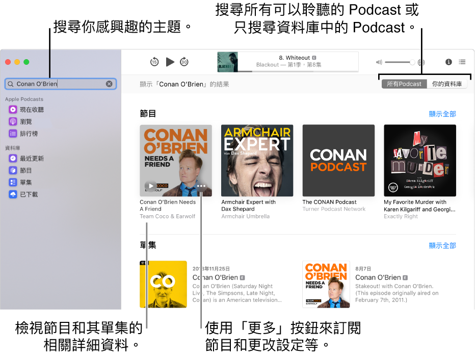 Podcast 視窗顯示在左上角輸入欄位中已輸入的文字，符合 Podcast 搜尋條件的單集和節目在螢幕的右側顯示。按一下節目下方的連結即可檢視節目及其單集的詳細資料。使用節目的「更多」按鈕即可訂閱節目、更改其設定等等。