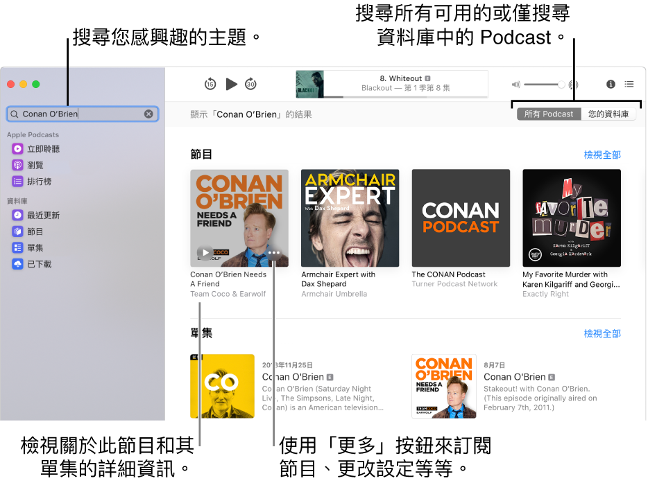 Podcast 視窗顯示左上角的搜尋欄位中輸入了文字，而符合搜所有 Podcast 尋條件的單集和節目顯示在畫面中的右側。按一下節目下方的連結來檢視有關節目和其單集的詳細資訊。使用節目的「更多」按鈕來訂閱節目、更改其設定等。