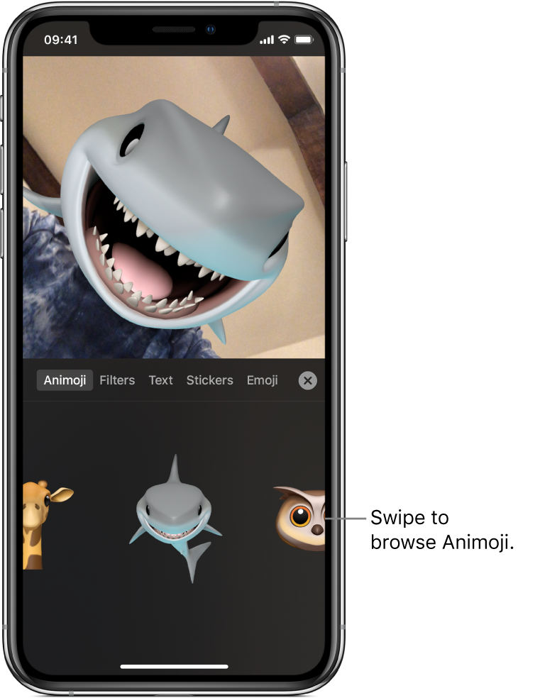 A video image in the viewer, with Animoji selected and Animoji characters shown below.